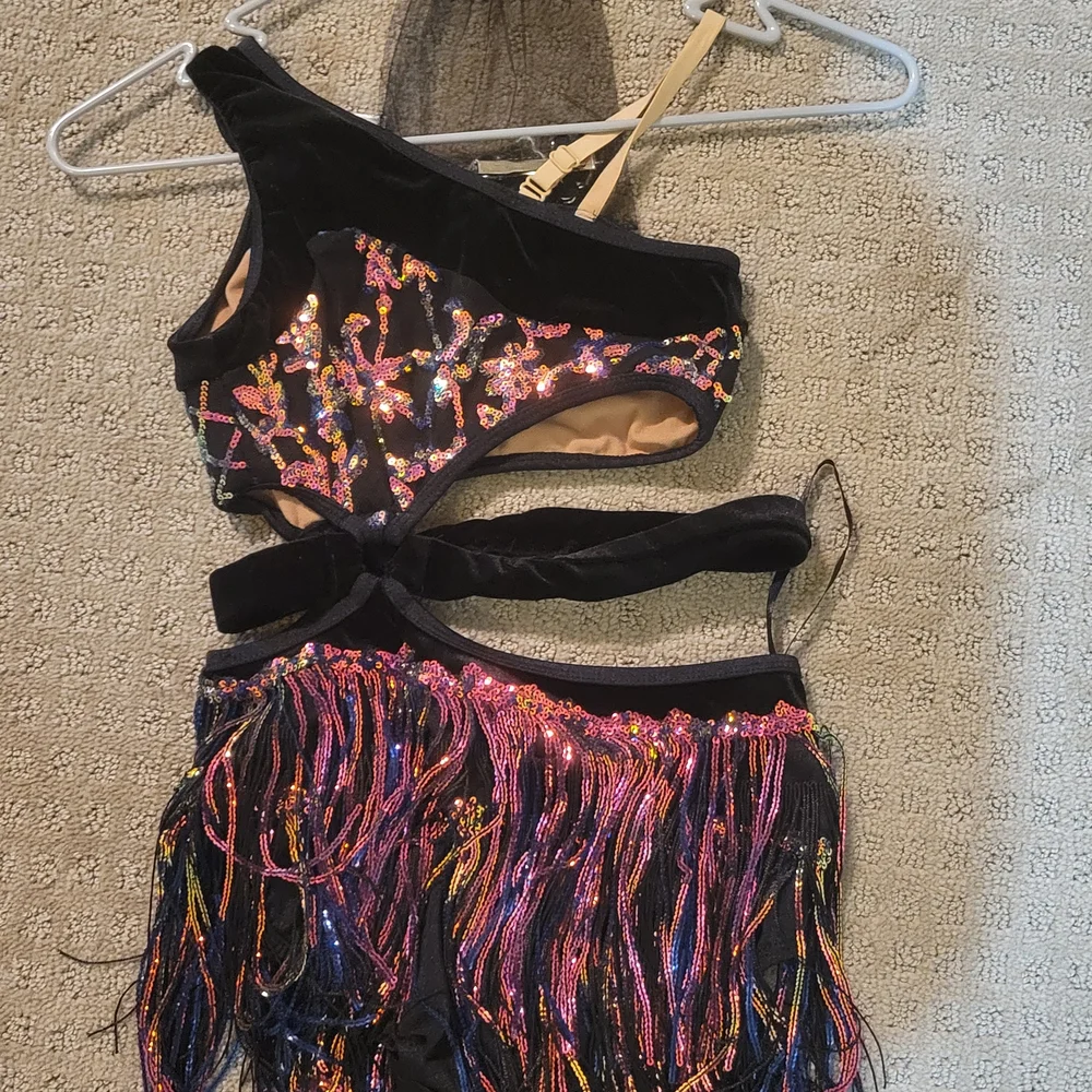 Black Dance Two-Piece Set with Multicolor Sequin Fringe
